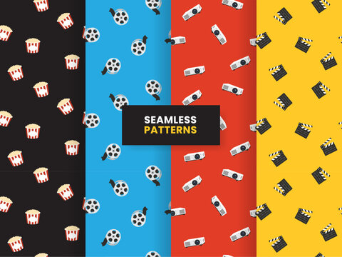Cinema Seamless Pattern Collection with Popcorn Film Projector and Clapperboard Flat Illustration