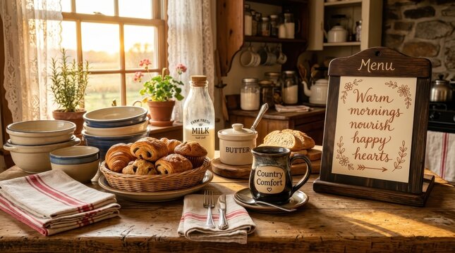 Rustic wooden kitchen table filled with fresh breakfast pastries milk and coffee sits in warm sunlight near a farmhouse window creating a cozy
