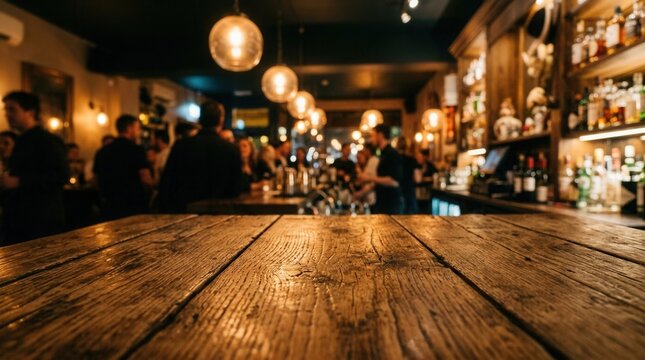 Rustic wooden table surface in focus with a blurred busy bar background featuring people socializing and warm hanging lights ideal for product placement in a cozy nightlife or restaurant setting here.