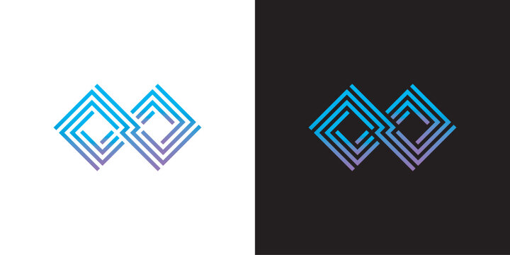 Modern abstract geometric infinity logo design with colorful gradient lines on white and dark backgrounds