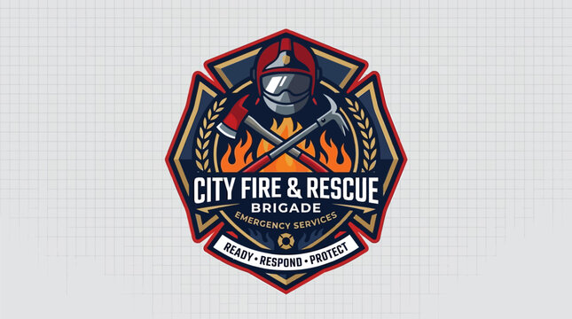 Professional fire with showcases detailed vector badge design fire rescue brigade featuring protective helmet crossed tools stylized stylized flames