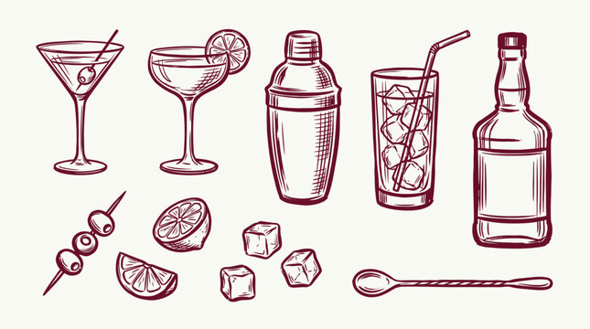 Hand drawn vintage cocktail elements set with shaker bottle glass and lemon, perfect for bar menu design, beverage branding and pub advertising