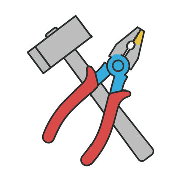 Minimalist grey hammer crossed with colorful red blue and yellow pliers on a white background. Construction and home repair concept
