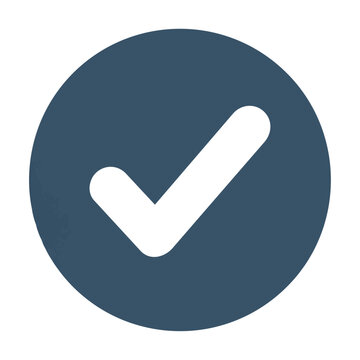 Minimalist white checkmark with rounded ends inside a solid dark navy blue circle isolated on white background. Quality assurance concept