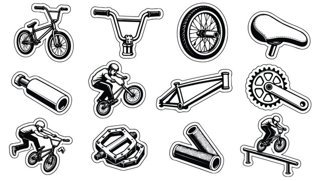 BMX Bike Parts, Rider Stunts, and Accessories Sticker Illustrations