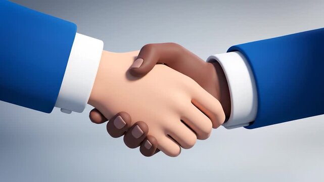 Two diverse 3D cartoon hands shaking in a business deal