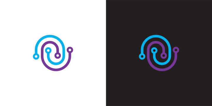 Modern abstract circuit tech logo design with blue and purple curved lines on white and black backgrounds