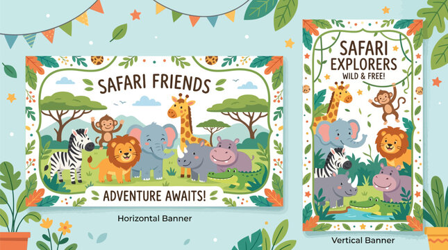 Cute safari animal banners featuring playful wildlife illustrations for kids party decorations with horizontal vertical decorative whimsical jungle background
