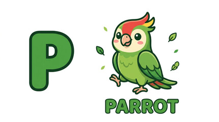 Obraz premium Green Letter P Parrot Alphabet Illustration for Kids Education