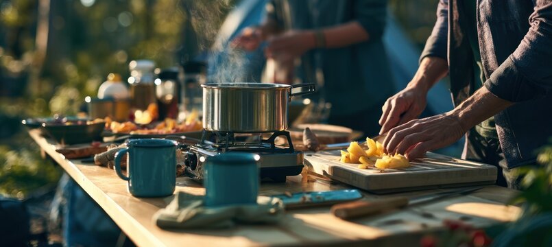 Outdoor cooking scene with pot on stove, chopping vegetables, and camping gear on wooden table