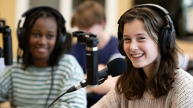 Two young women smiling while recording audio into microphones wearing headphones in a studio setting