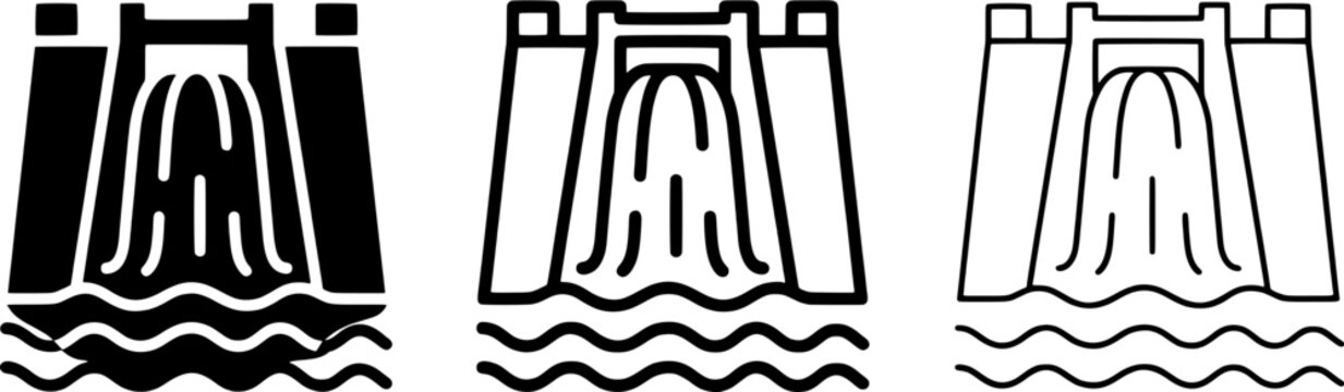 Dam icon set. Hydroelectric power plant symbols in solid black, thick outline and thin line styles. Editable vector illustration on white background.