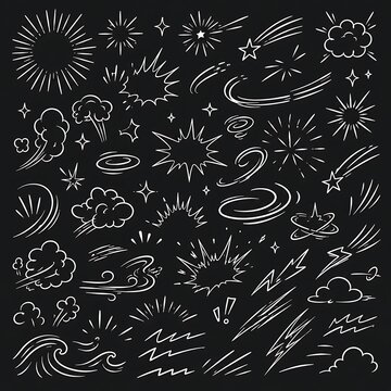 Hand Drawn Comic Action Effects and Speed Line Doodle Elements Collection on Black Background, Explosion Bursts, Motion Lines and Cartoon Symbols