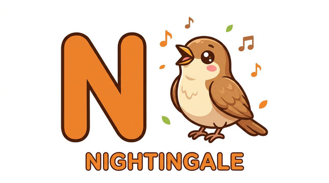 Nightingale Bird and Letter N Alphabet Flashcard for Early Education