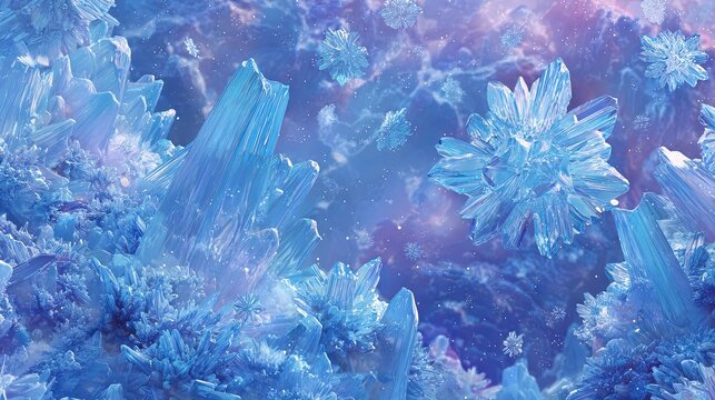 Enchanting frozen winter background featuring intricate ice crystals and delicate snowflakes, illuminated by a glowing blue ambiance, with ultra-detailed fantasy-inspired textures and a magical fros
