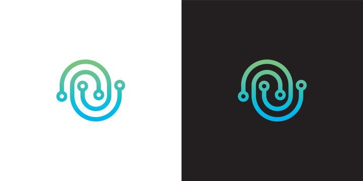 Abstract digital technology logo design with glowing circuit lines and connected nodes in blue and green gradient