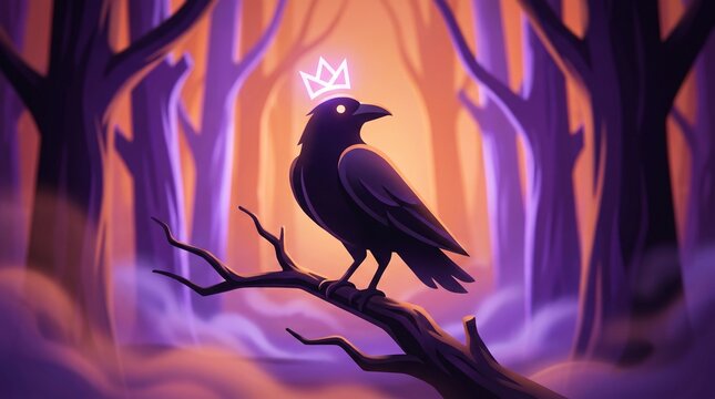 A silhouette of a crow with glowing eyes wearing a small crown perched on a dark tree branch in a misty purple and orange autumn forest