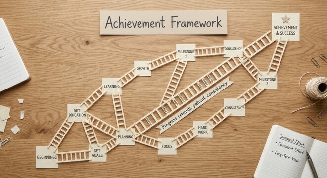 Achievement Framework with Ladders Representing Goals and Progress on Wooden Background