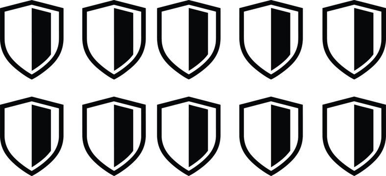 Black outline shield icons with vertical stripes a repeating pattern on a white background security emblems armor badge barrier block
