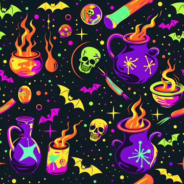 Halloween seamless pattern with neon witch cauldrons skulls and bats on dark background 1