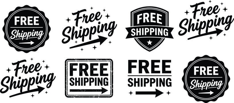 Free shipping badge variations a flat vector illustration with arrows stars and text in diverse styles arrow banner bold branding