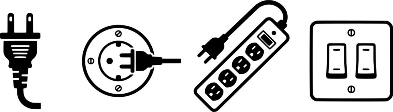 Electrical icon set in a flat black silhouette style including power plug, wall socket, extension cord and light switch.