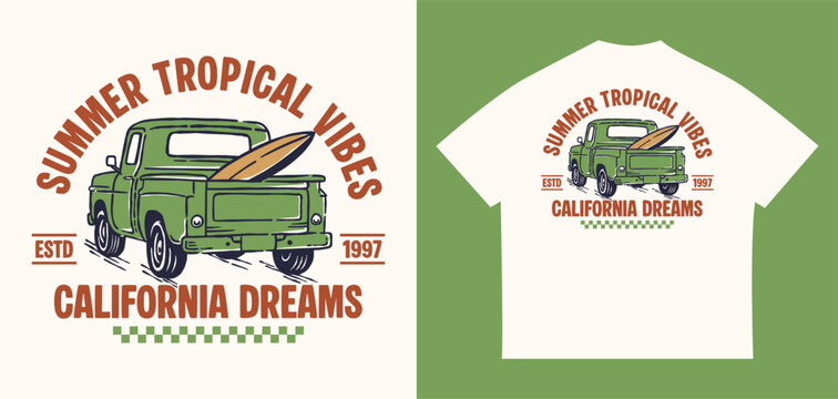 Retro pickup truck with surfboard and tropical summer vibes. Ideal for beach apparel, t shirt prints, stickers, posters, branding, travel, and coastal lifestyle designs