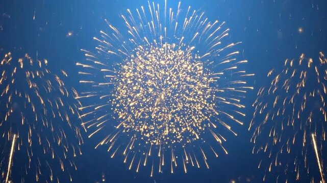Bright golden fireworks exploding against a deep blue night sky background