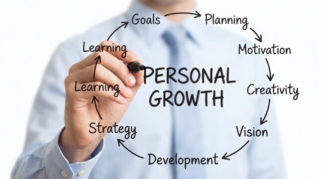 Businessman drawing Personal Growth cycle diagram with goals planning and strategy, self improvement concept