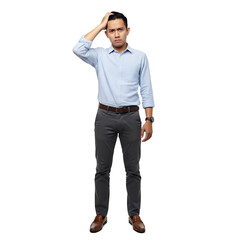 Fototapeta premium Confused Young Indonesian Office Worker Scratching Head While Looking at Camera Isolated on White Background