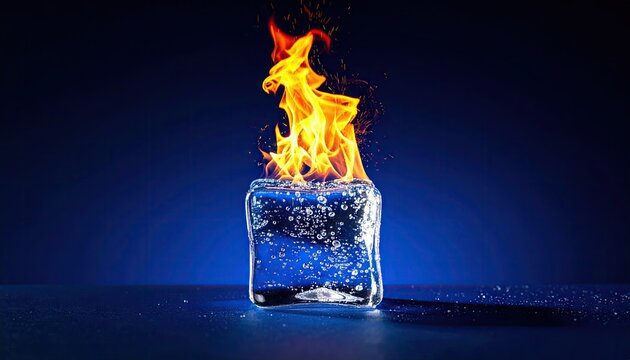 Small fire burning on bubbly ice cube