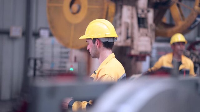 Engineering and production technicians evaluate manufacturing machinery, discussing repair strategies, identifying production bottlenecks, implementing practical solutions, improving equipment efficie