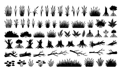 Large swamp vegetation silhouette pack with reeds grasses stumps and riverbank plants vector © MstChufia