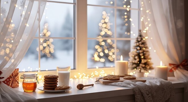 Cozy christmas window sill with cookies, milk, honey, and fairy lights, overlooking a snowy landscape with decorated trees