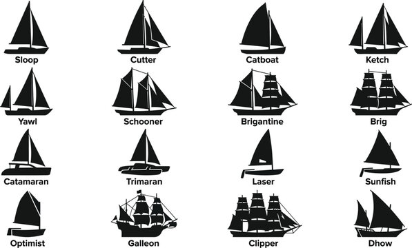 Sloop cutter and other sailboat silhouettes on a white background
