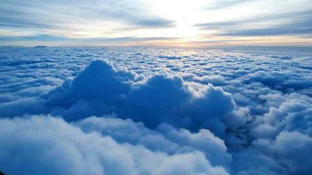 Aerial view of fluffy blue clouds during a bright sunrise