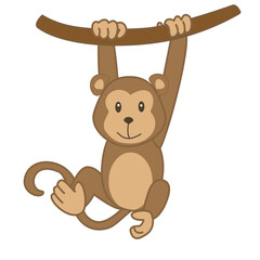 Cute Brown Monkey Hanging on a Tree Cartoon Illustration PNG Transparent  © marwilia