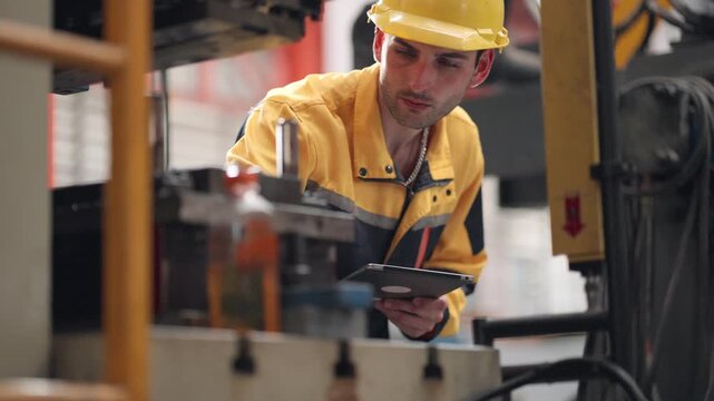 Factory engineers and technicians inspect production systems, equipment maintenance, mechanical issues for improving workflow efficiency, minimizing operational risks, supporting manufacturing industr