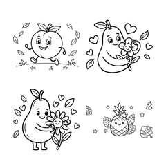 Fototapeta premium Cute Peach Mango Pear and Pineapple Coloring Page Set