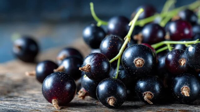 Fresh black currants gathered on a wooden table in bright natural light