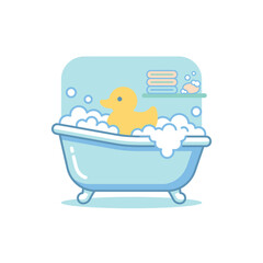 Naklejka premium Bathtub filled with bubbles and a yellow rubber duck.