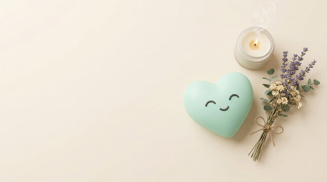 Heart Character with a Burning Candle and Dried Lavender Flowers