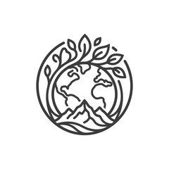 Fototapeta premium Black line art eco globe tree and mountains