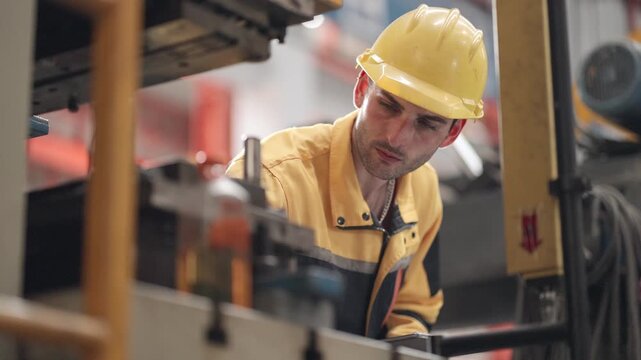 Male industrial engineers working in production operators, inspecting machinery, repair solutions, optimizing manufacturing systems, preventing equipment failures, and production process improvement.