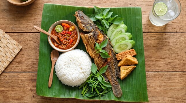 Indonesian Pecel Lele Fried Catfish Platter with White Rice Sambal Chili Tofu Tempeh Cucumber and Thai Basil on Banana Leaf