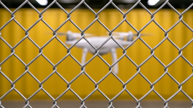 Accessible Water Transit, Controlled Drone Logistics, Small Generic Cargo Drone Resting Behind a Chain Link Fence in a Yellow Indoor Environment