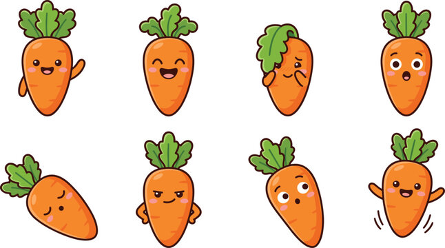 Cute Cartoon Carrot Character Collection with Expressive Emotions and Playful Poses