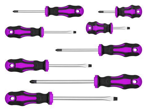 Ergonomic multi size Purple screwdrivers bundle for comfortable manual labor and fixing. Useful construction asset banner for diy improvement and carpentry website