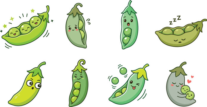 Cute Cartoon Pea Pod Character Collection with Expressive Emotions and Playful Poses