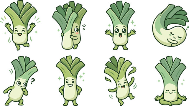 Cute Cartoon Leek Character Collection with Expressive Emotions and Playful Poses